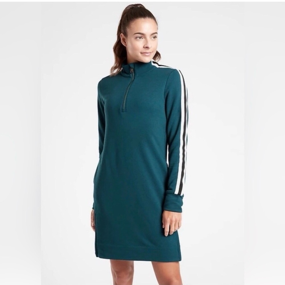 Athleta Women’s Cross‎ Town Teal Zippered Sporty Track Sweatshirt Dress Sz M